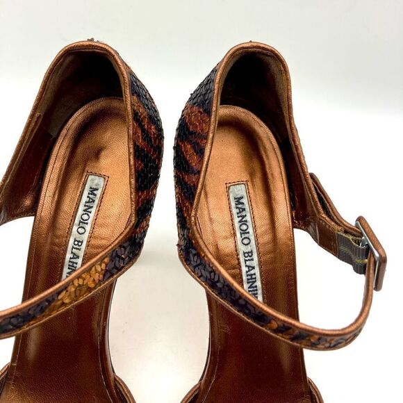 Manolo Blahnik Bronze Sequin/Leather Heels Size 39,5/9,5 - Picture 7 of 12